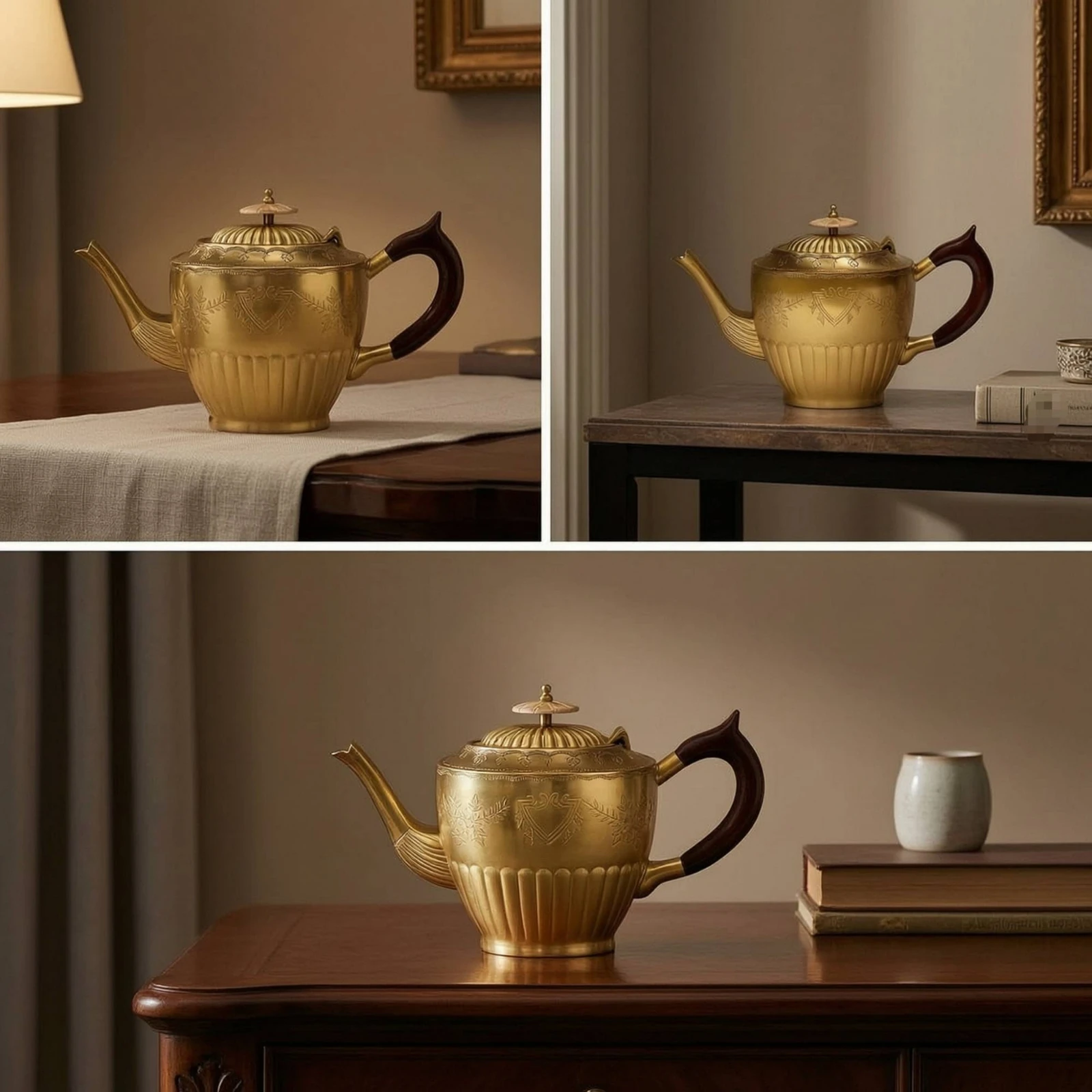Decorative Teapot Ribbed Brass Teapot Tea Pot Floral Accent Piece Compact for Decorators, Shelf Styling, Living Room