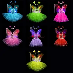 C9GB 4pcs Kids Girls Fairy Cosplay Costume Set Metallic Sleeveless Dress LED for Butterfly Angel Wing Wand Headband Fancy