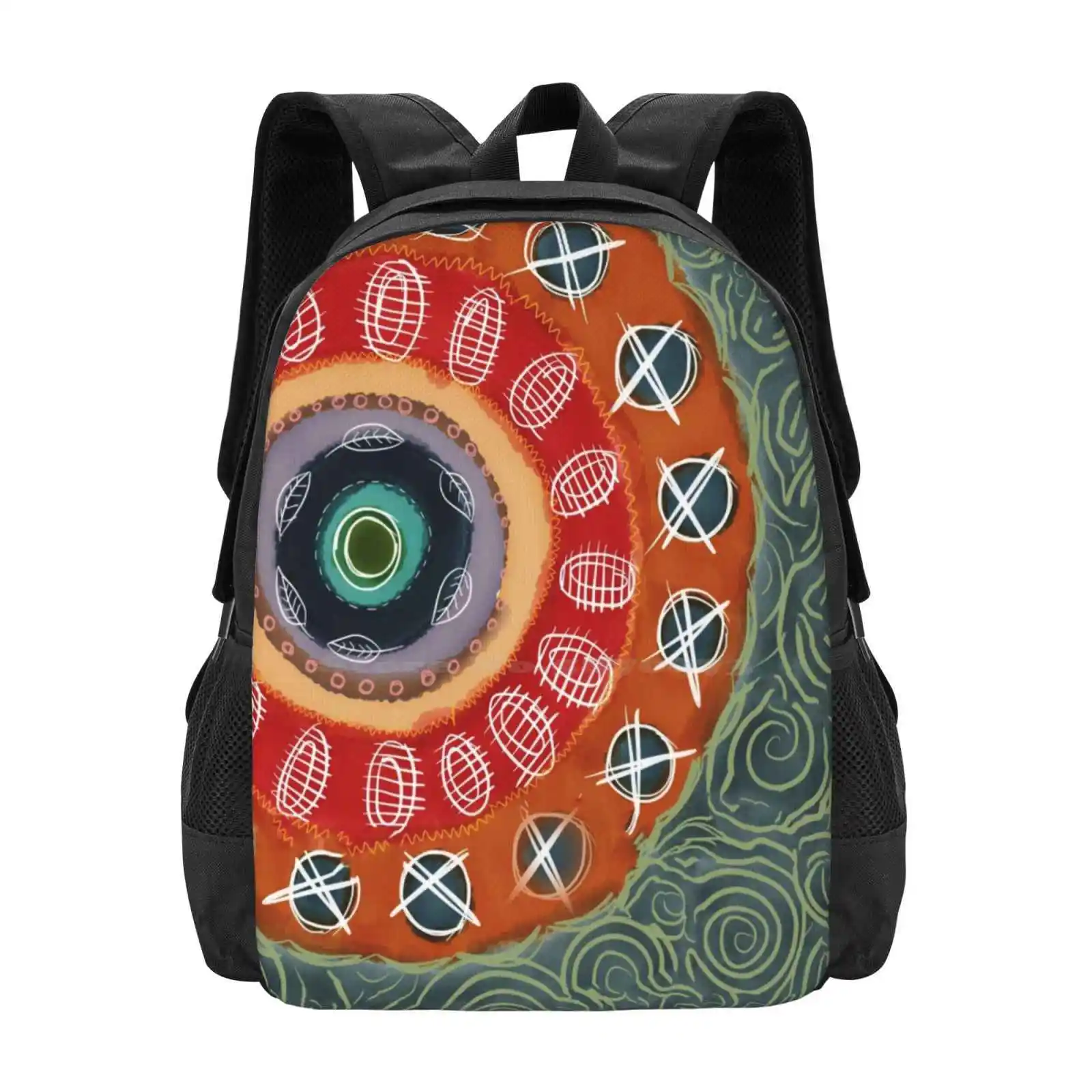 Circle Upon Circle Hot Sale Backpack Fashion Bags Circles Mandala Doodles Leaves Orange Teal Green Red Summer Funky Round And