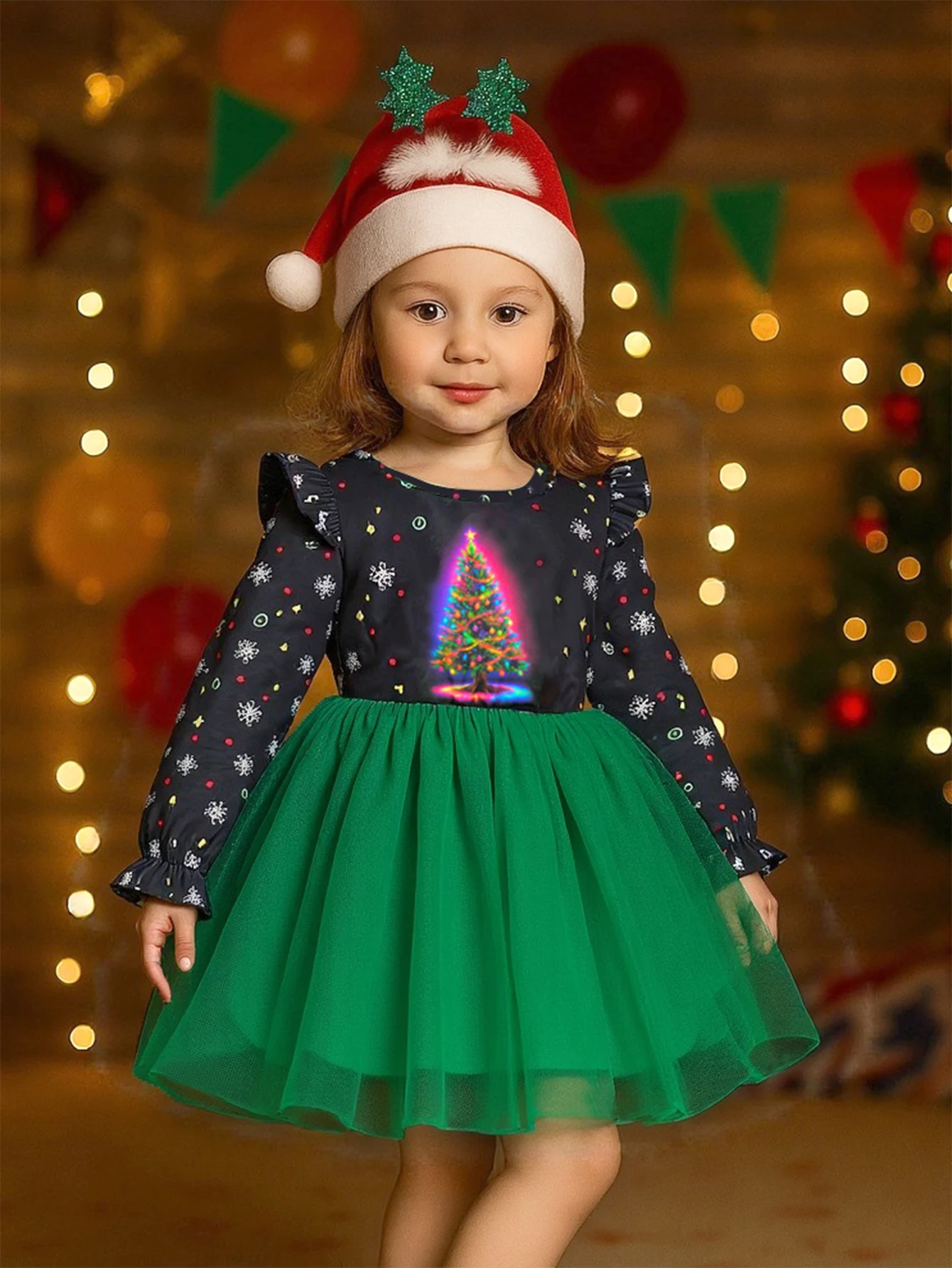 Toddler Girls Christmas Dress Glowing Xmas Tree Print Long Sleeve Ruffle Green Tulle Tutu Dress Kids Holiday Party Costume