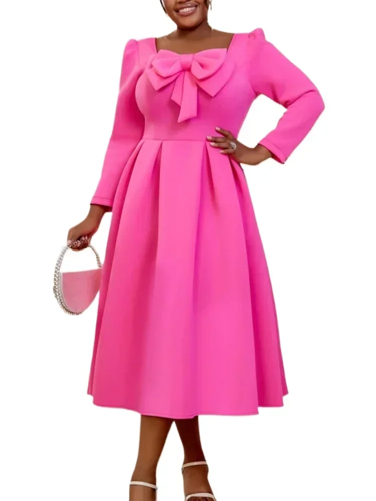 Party A Line Dresses Women Fuchsia Square Collar Bow Long Sleeves Elegant Wedding Guest Gowns Formal Celebrate Event Robes 2024