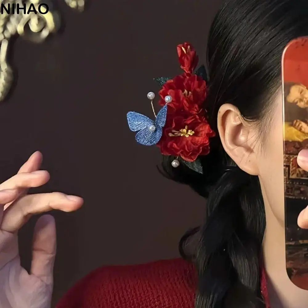 

Tassel Red Flower Hair Clip New Chinese Style Pearl Wooden Hair Stick Antique Retro Bridal Hair Accessories Hair Chopstick