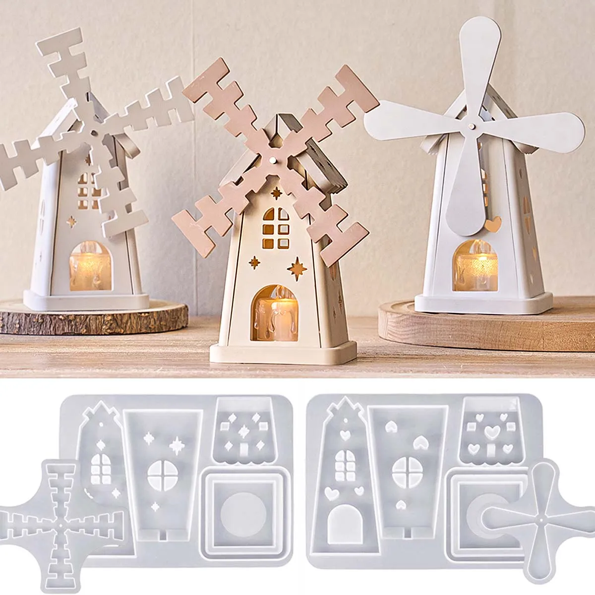 Drehbare Design Windmühle Haus Silikon Form DIY 3D Splice Tee Wachs Basis Nachtlicht Gips Gips Beton Handwerk Ornament Form