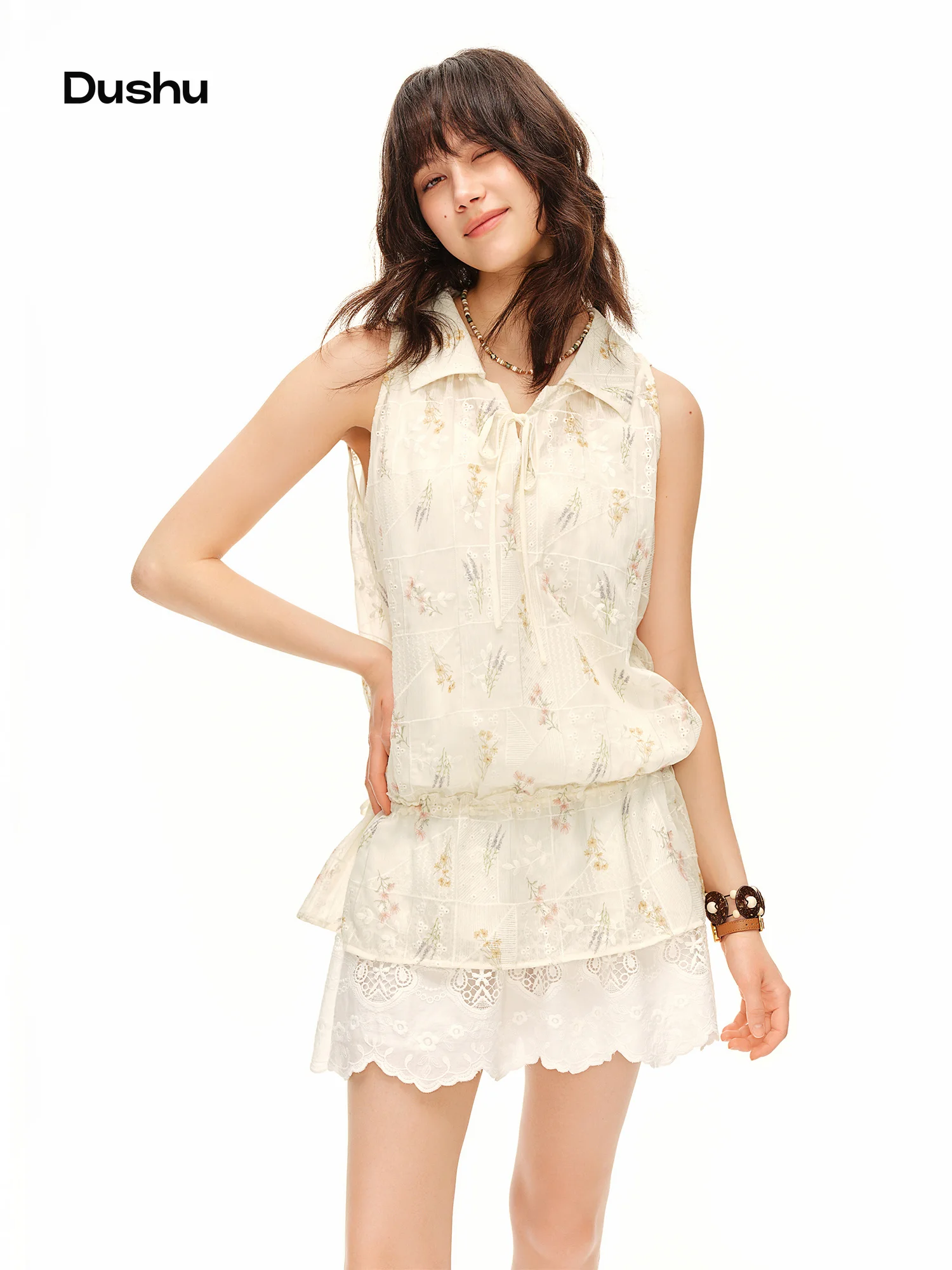 DUSHU Women's 2026 Summer New Apricot Floral Print Shirt | Lapel Drawstring Atmosphere Blouse Multiple Sizes for All Body Types