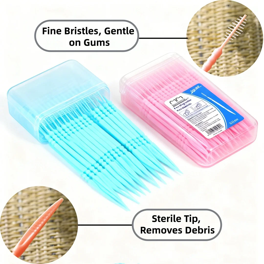 YS00264(1)---Household Disposable Plastic Interdental Brushes, Dual-Head Fishbone Toothpicks in a Box for Teeth Picking