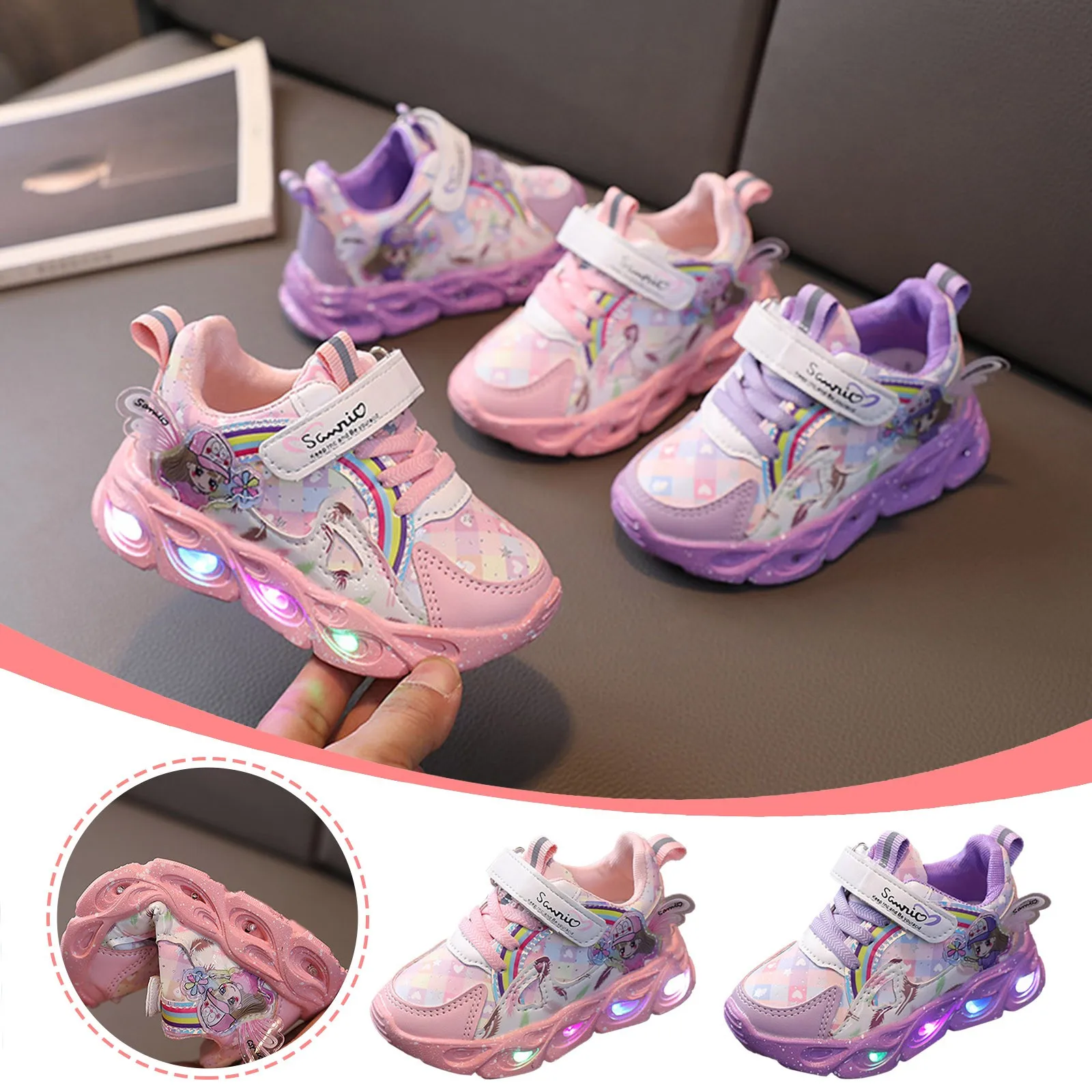 Children's Sports Shoes Led Lights Fashion Sneaker Cartoon Cute Princess PU Leather Girls' Pink Children's Casual Running Shoes