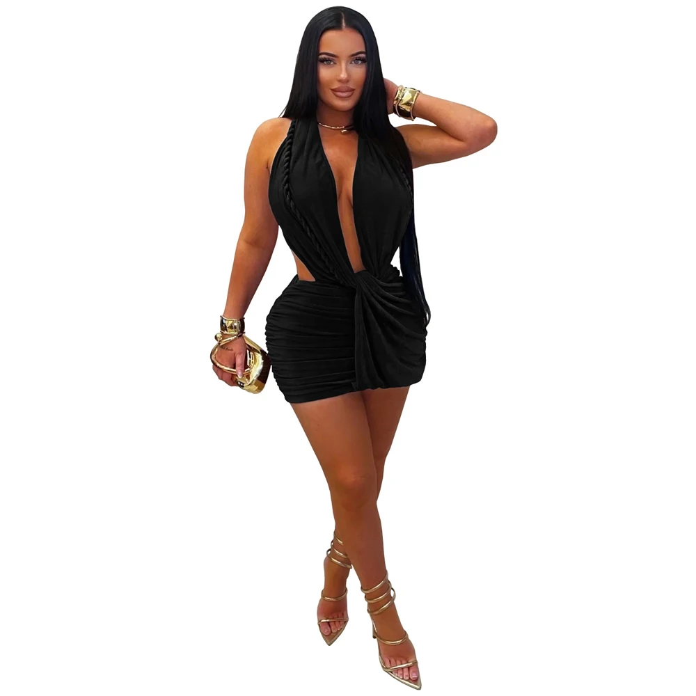 2026 Neues Damen Geflochtenes Wickelkleid mit Neckholder, Tiefem Ausschnitt und Rückenausschnitt, Sexy Geballtes Minikleid mit V-Ausschnitt für Geburtstag und Clubwear – Detail 4