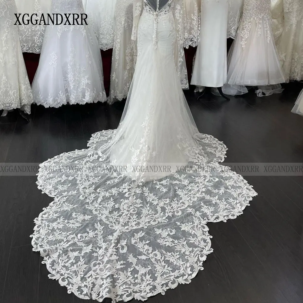 XGGandXRR Real Mermaid Wedding Dress 2023 V Neck Long Sleeves Ivory Lace Bridal Gown Chapel Train Bride Dress Button Custom Made