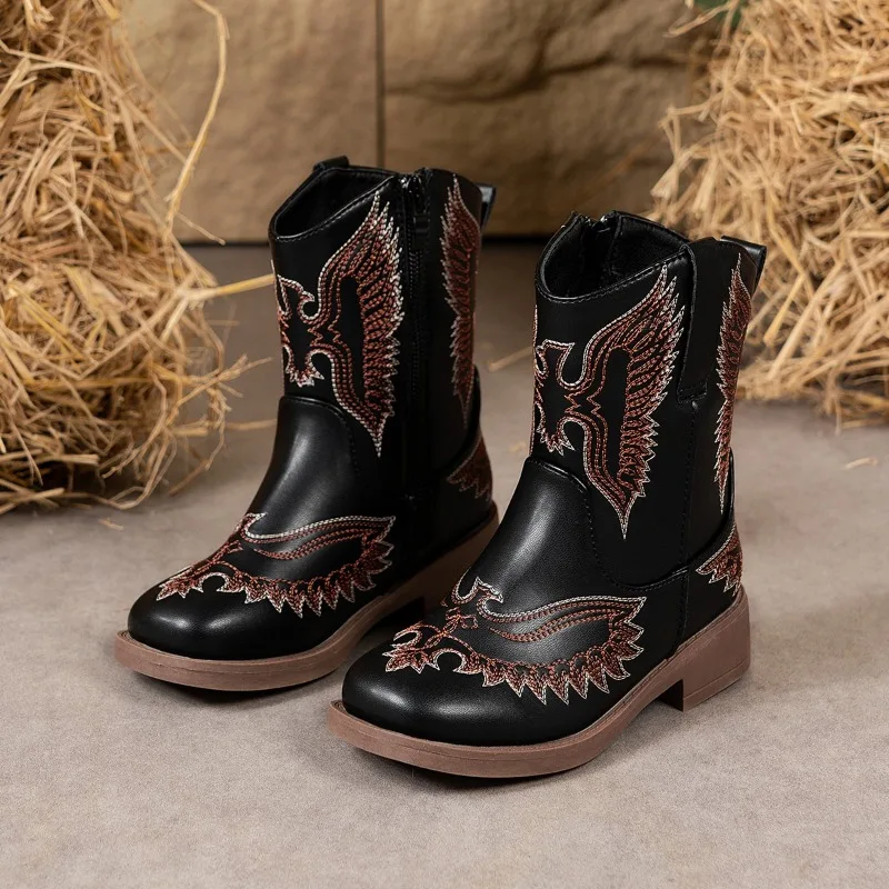 Children's Fashion Western Style Cowboy Boots Black PU Leather Gorgeous Wing Embroidery Zipper Closure Kids Shoes for Girl