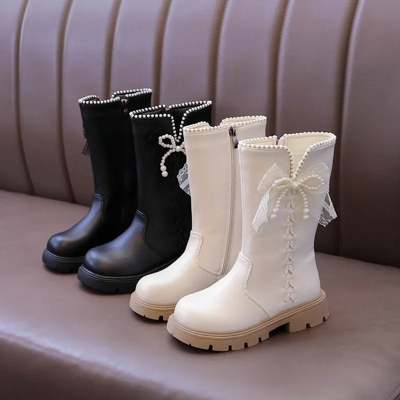 Fashion Padded Girls High Boots 3-18 Years Old Beige Bow Children's Cotton Shoes Versatile Non-slip Girls Short Leather Boots