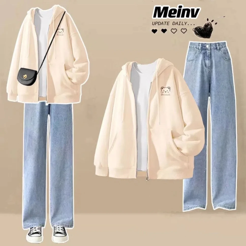 Spring and Autumn Fashion Women\'s Set Korean Loose College Style Cardigan Top+T-shirt+jeans Three Piece Set