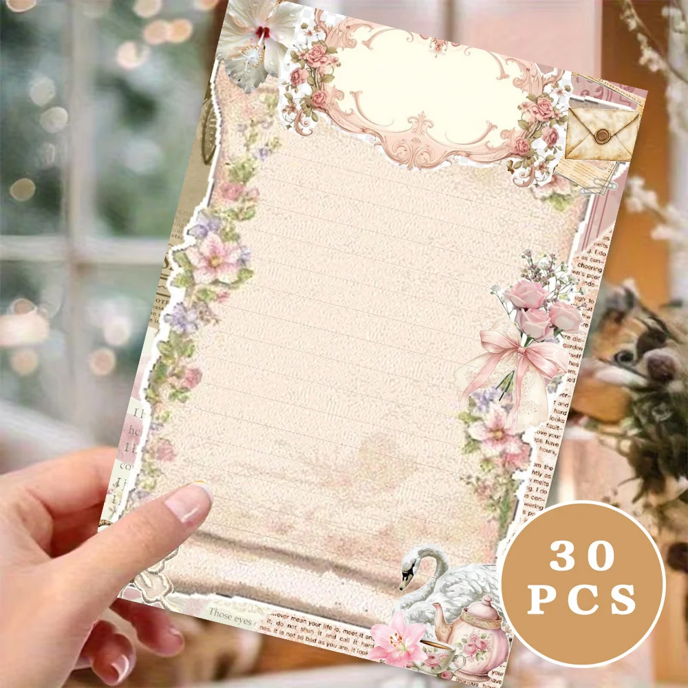 30 Sheets, B5 Floral Swan Magazine-themed Writing Paper, Lined, Adhesive-free, Very Suitable For Notebooks, Memos, And Stickers