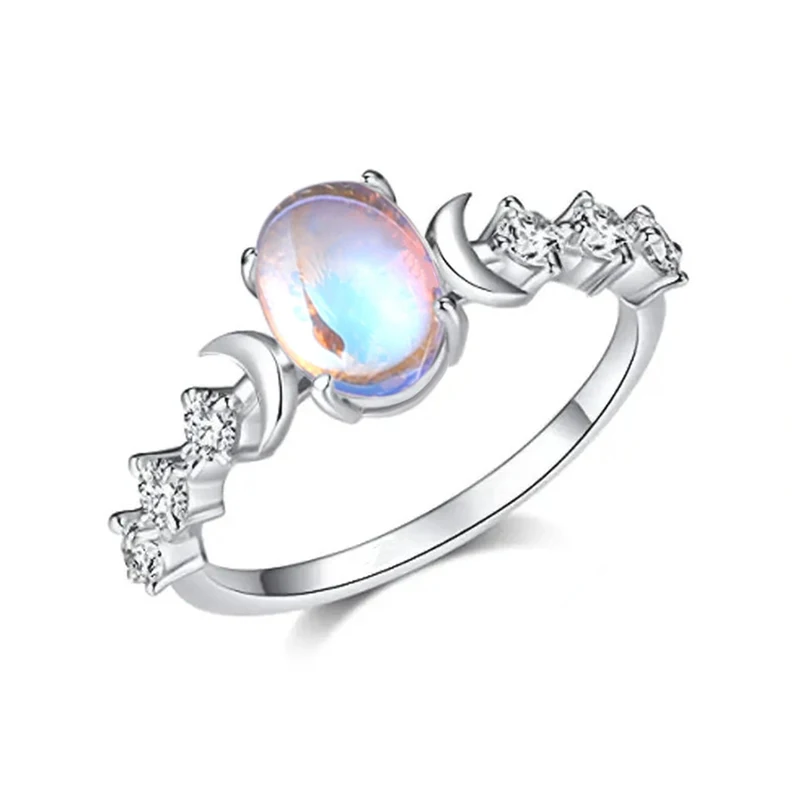 Huitan Chic Trendy Small Moon Ring Women Simulated Moonstone/Simulated Opal Engagement Jewelry Bridal Wedding Bands Jewelry