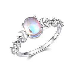 Huitan Chic Trendy Small Moon Ring Women Simulated Moonstone/Simulated Opal Engagement Jewelry Bridal Wedding Bands Jewelry