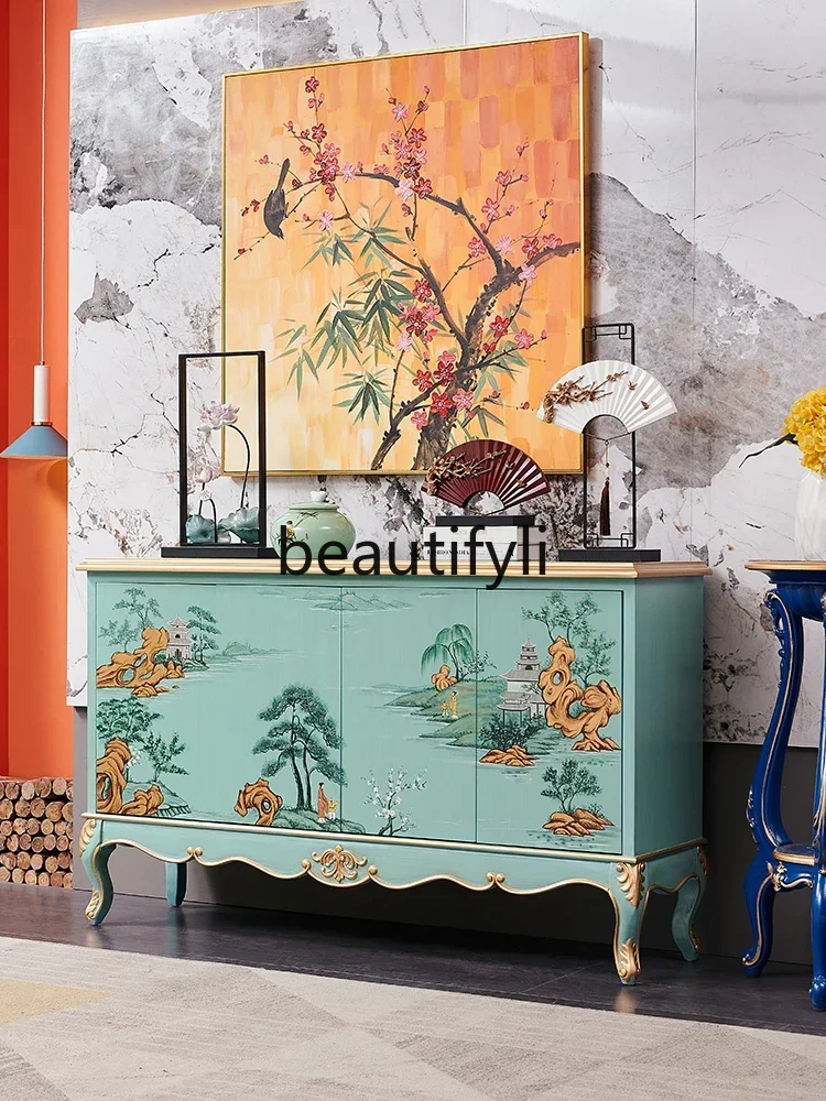 

ss CSolid wood hand-painted gold-painted luxury green decorative cabinet New Chinese side storage tea storage cabinet