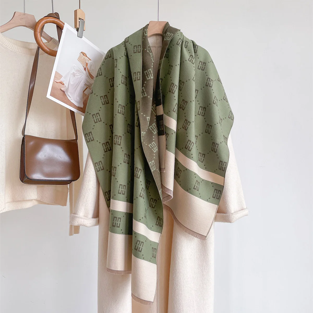 Winter High Grade Faux Cashmere Shawl Women Matcha Green Vintage Luxury Repeat Monogram Thick Cozy Warm Large Wrap Scarf