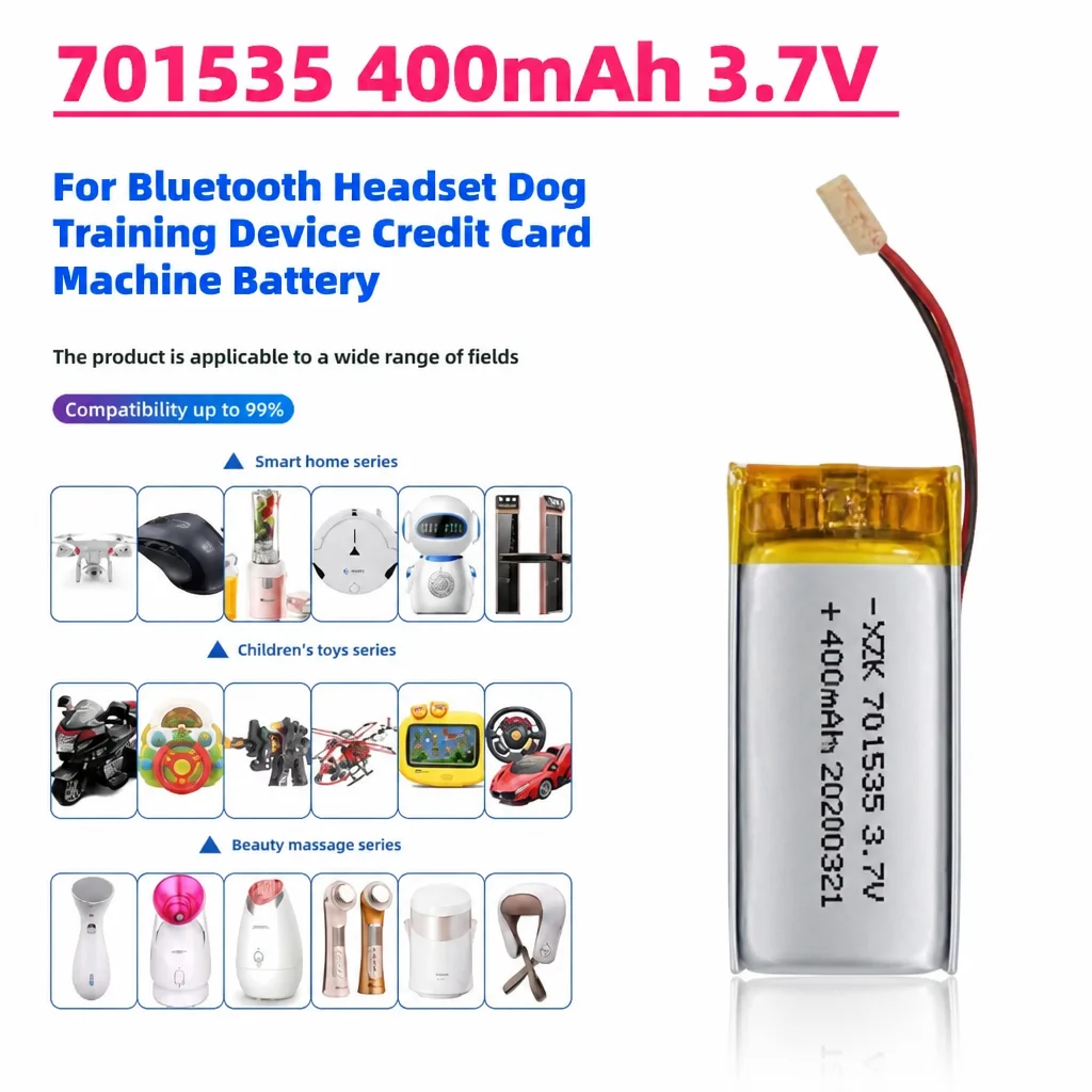 Upgrade 701535 400mAh 3.7V Li-Polymer Rechargeable Battery for Bluetooth Headset Dog Training Device Credit Card Machine Battery