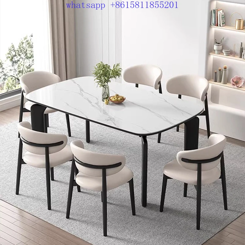 Italian dining table, light snow mountain white rock plate + black frame  kitchen table and chairs  furniture  mesa de comedor