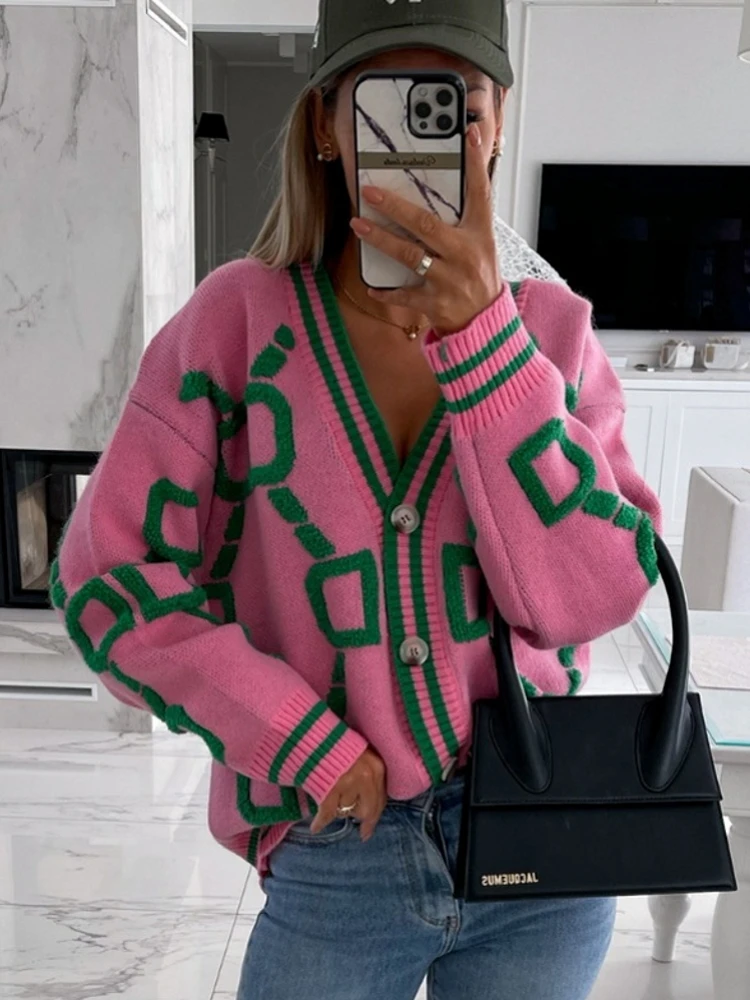 

Women Knit Cardigan Sweater Coat 2025 Autumn Winter Long Sleeve V Neck Print Button Down Top Knitwear Female Outerwear Jacket