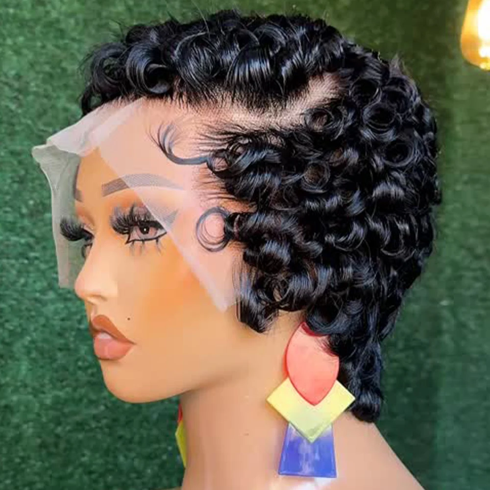 

13x4 HD Transparent Lace Frontal Wig Curly Wig Glueless 10 Inch Wig 200 Density Human Hair Ready To Go Preplucked Hair For Women