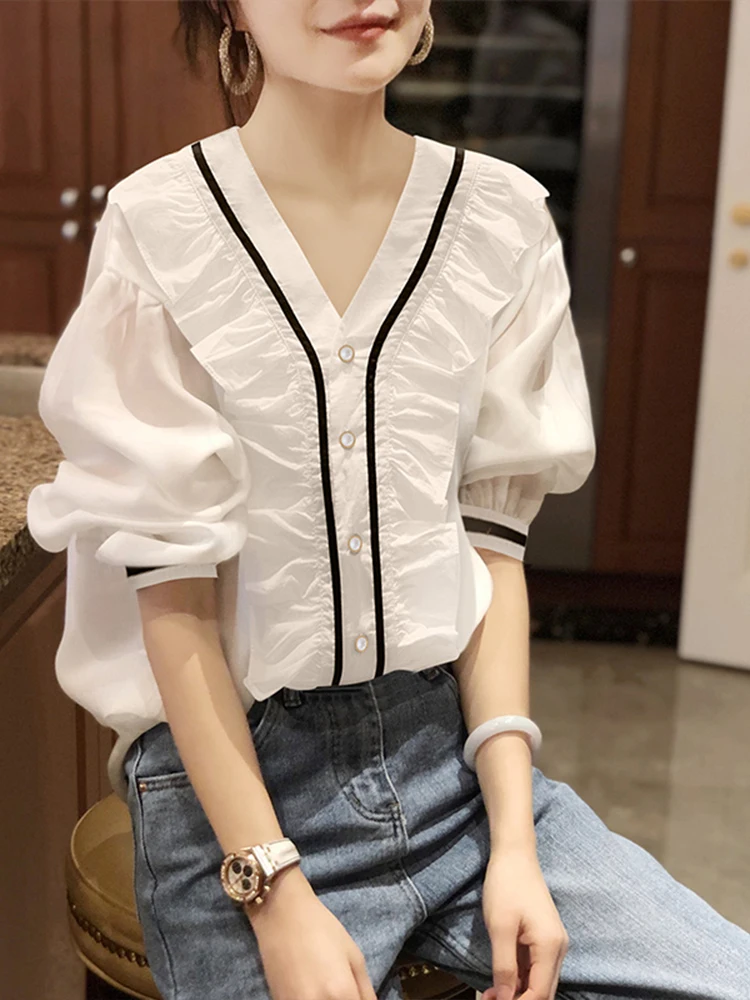 

Women's Summer Short Sleeve Chiffon Bubble Shirt Cover Belly Design Korean Style V-neck Loose Fit Casual Fashion Top