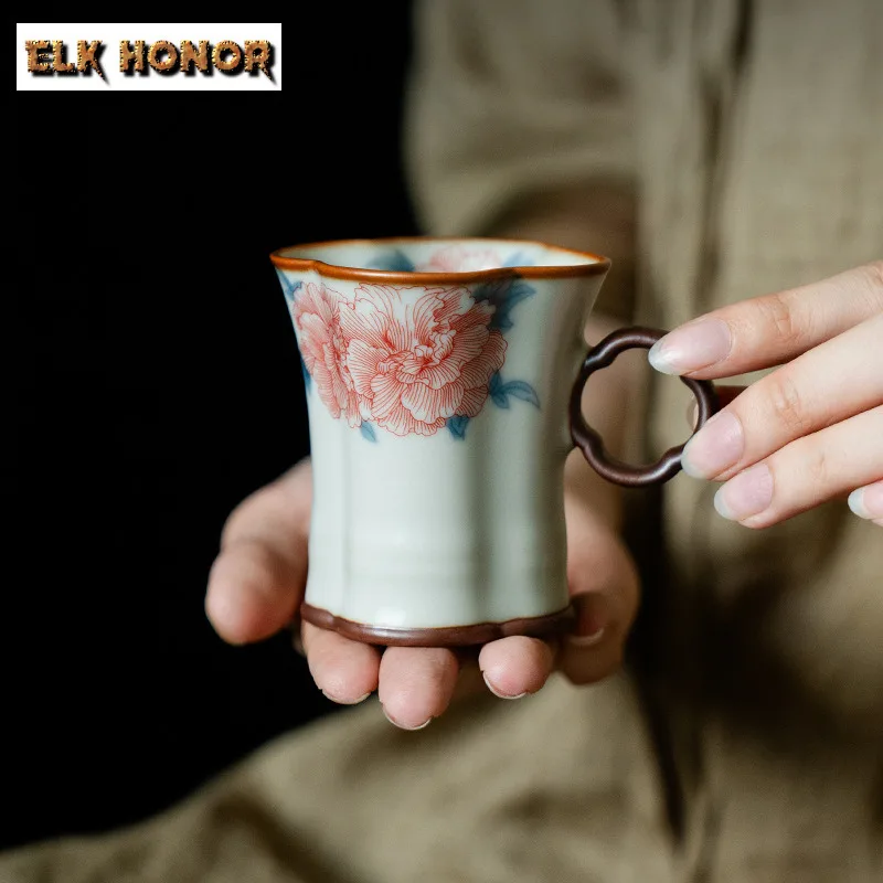 

90ml Ru Kiln Hibiscus Four-petal Handle Teacup Traditional Tea Bowl Jug Tea-tasting Personal Cup Chazhan Master Cups Tea Items