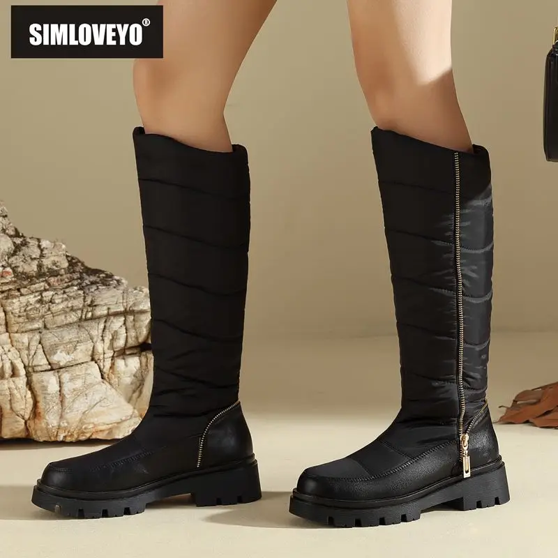 

SIMLOVEYO, новый дизайн, женские зимние ботинки, круглый носок, толстый каблук, слипоны на молнии, металлическое украшение, теплые до колена, большие размеры 44