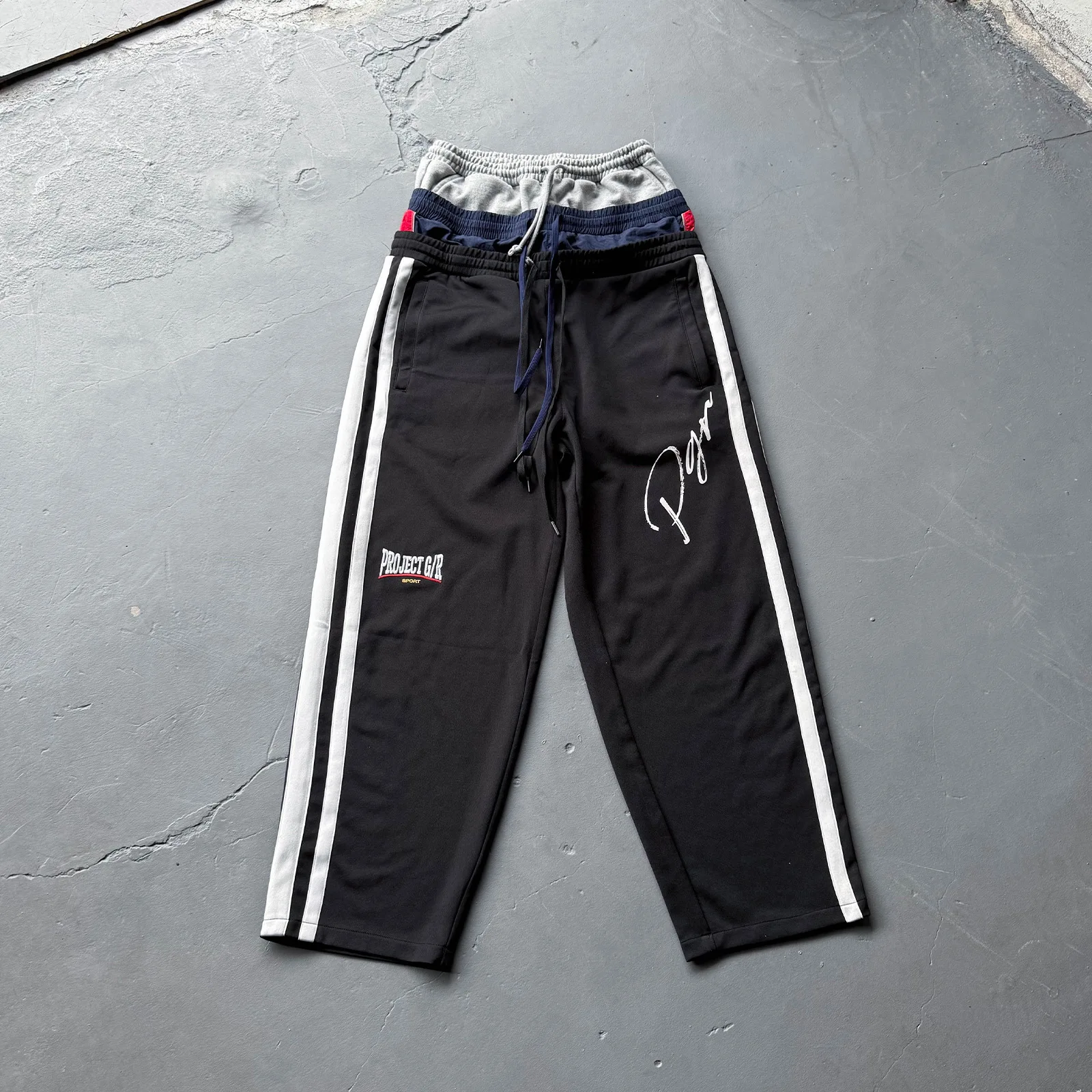 Grailz Project G/R Pantalon de survêtement coupe décontractée brodé à triple rayures avec faux pantalon long baggy à triple rayure