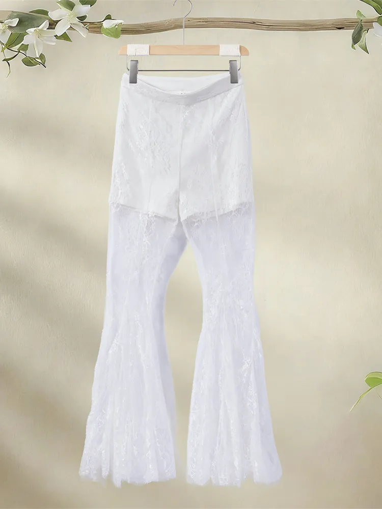 V-Ausschnitt Spitze Patchwork Meerjungfrauen-Mäntel Mesh-Hosenanzüge Damen Sexy Langarm Einreihige Schlanke Jacken Schlaghosen Neue Sets – Detail 5
