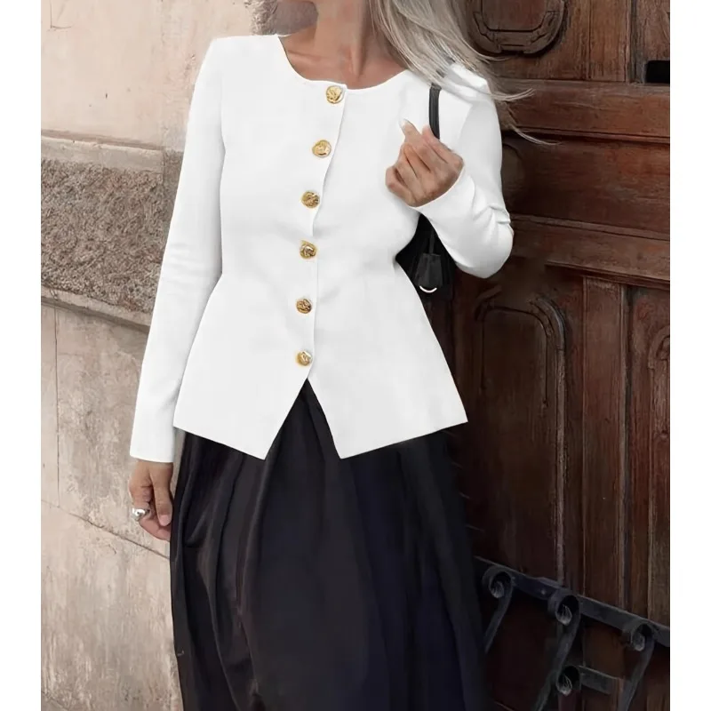 

Women's Clothing Autumn New Elegant Women's Round Neck Long-sleeved Knitted Cardigan Metal Button Design Solid Color