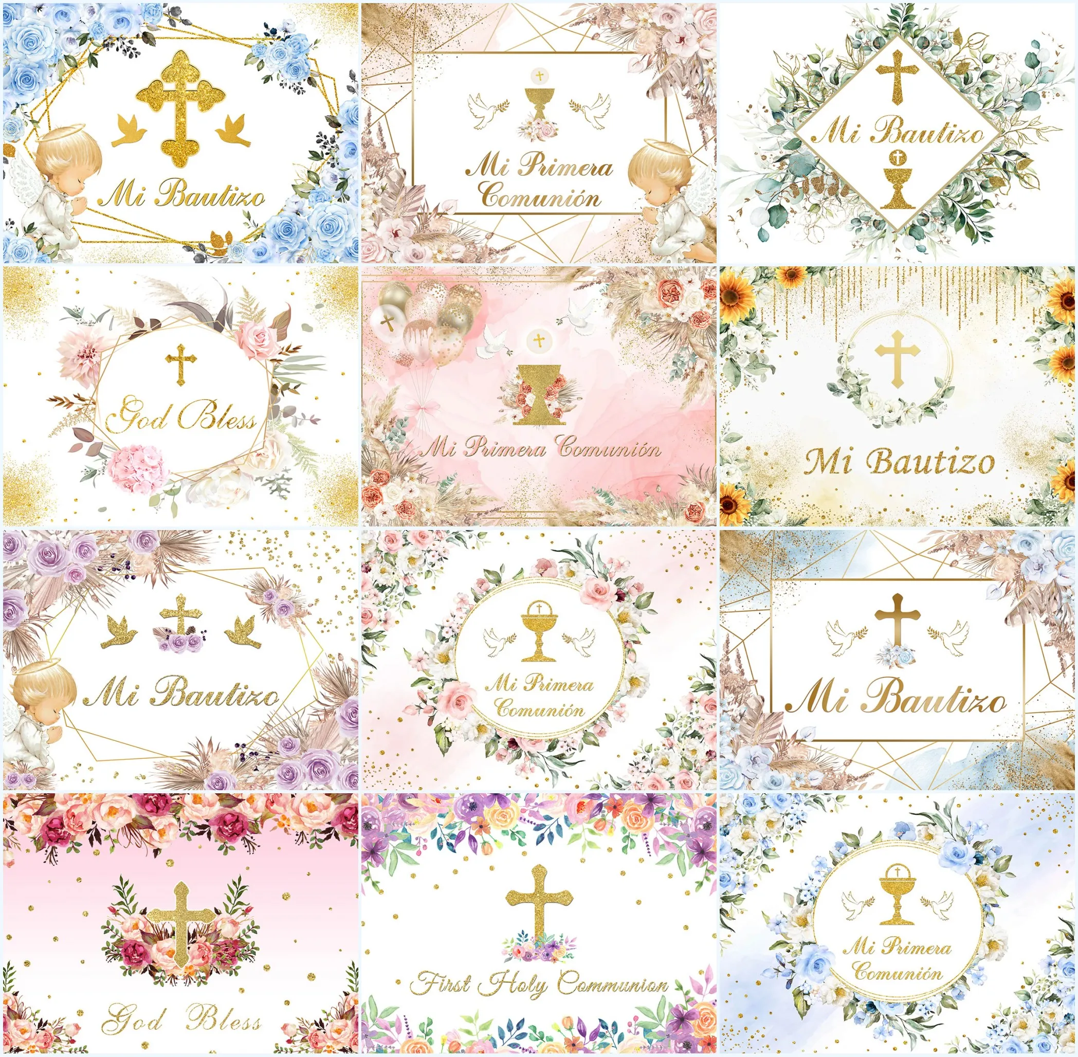 

Mehofond God Bless Backdrop Mi Primera Comunión Cross Grail Baby Shower Baptism Pink Flowers Gold Glitter Party Decor Background