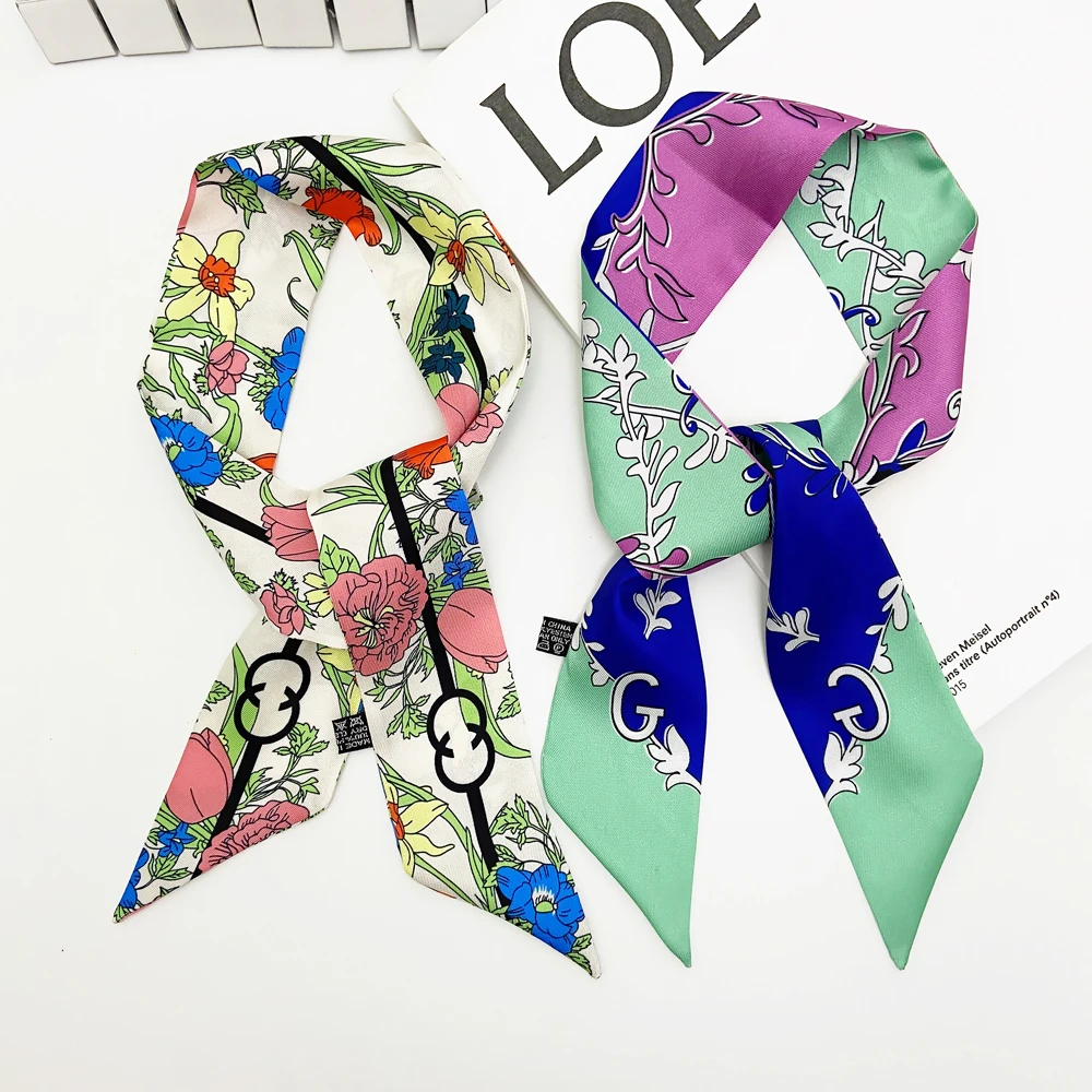 New Brand Small Silk Scarf for Women Floral Print Handle Band Ribbon Female Head Wraps Long Skinny Tie twill scarf for bag