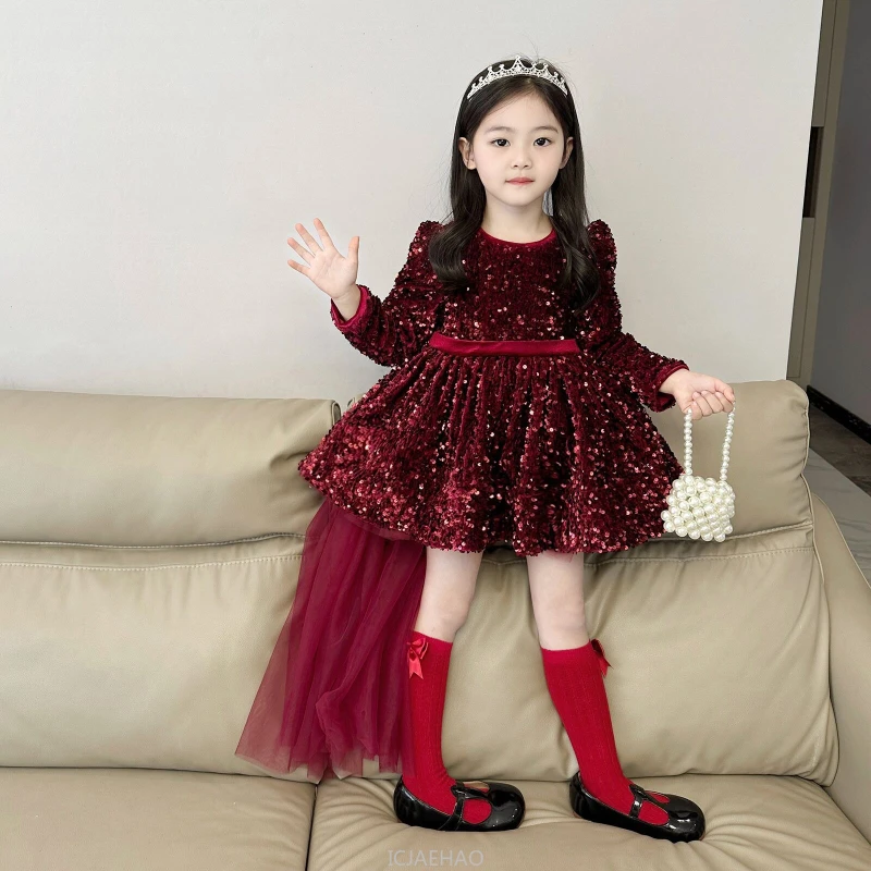 Wed Dress Winter Kids Girls Glitter Fleece Princess Dresses Children Birthday Bow Train Tulle Party Gown Wedding Flower Girl