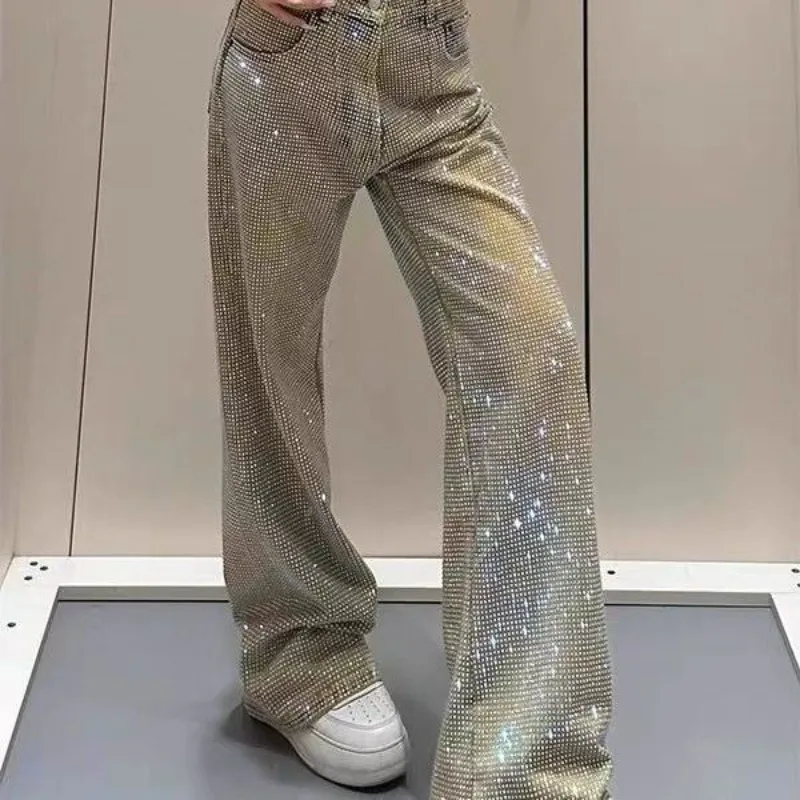 

Chic Summer Spicy Girl Full Diamonds Beaded Jeans Women Starry Rhinestones Denim Pants Straight Wide Legs Crystal Cowboy Trouser