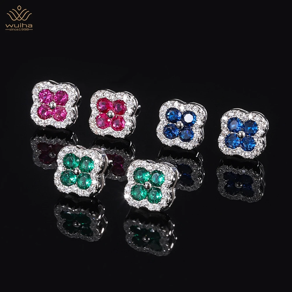 

WUIHA Luxury 925 Sterling Silver White Gold 3*3MM Emerald/Ruby Sapphire Faceted Gemstone Stud Earriings Anniversary Fine Jewelry