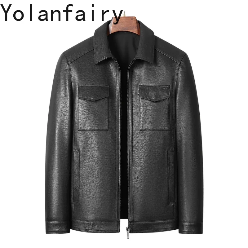 

YOLANFAIRY Top Layer Sheepskin Leather Jackets Man Short Lapel 100% Real Leather Coat Casual Business Man Leather Jacket 2025