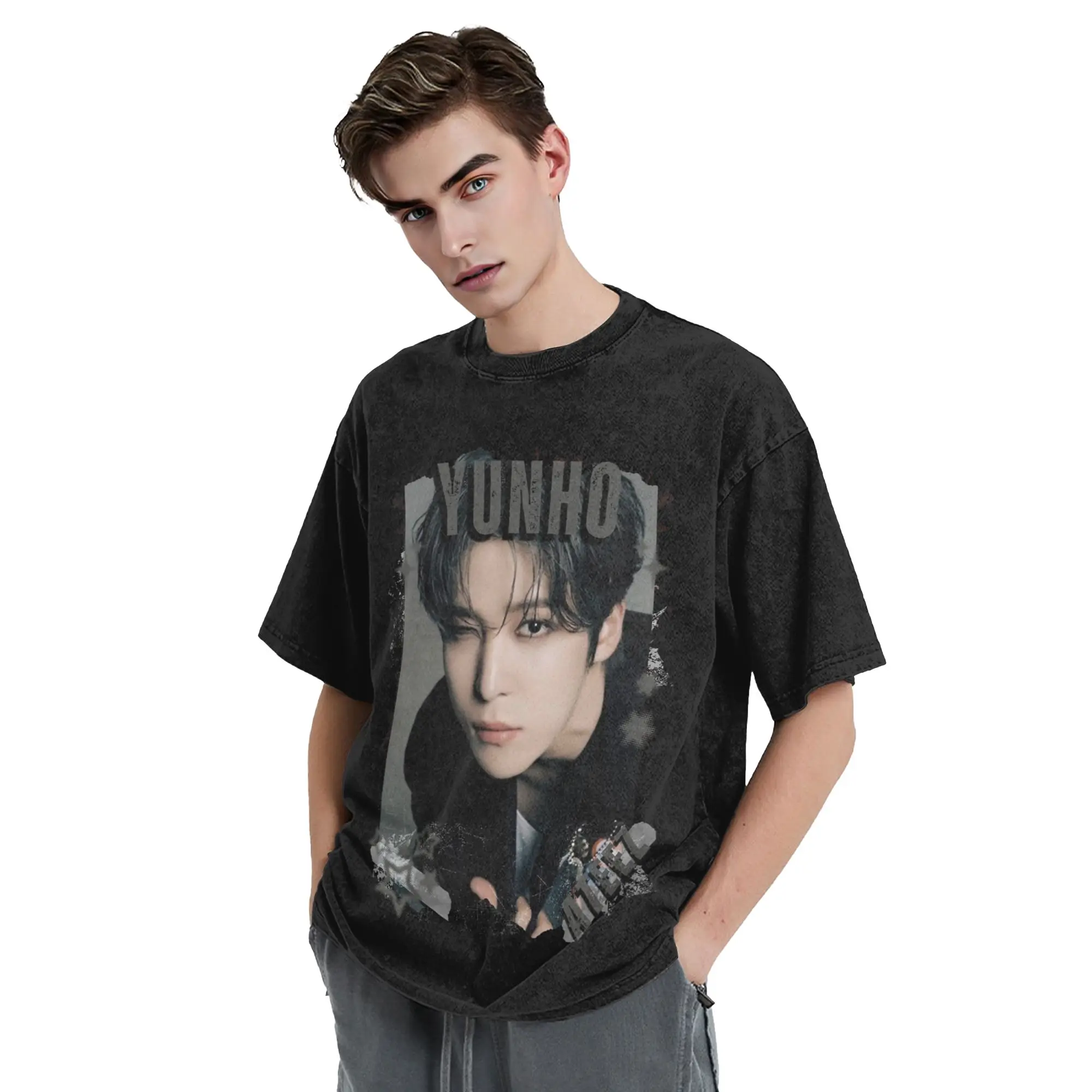 Kpop Boy Group A-Ateez Yunho Washed T Shirt Streetwear  Novelty T-Shirts  Tees Men Women Short Sleeve Street Printed