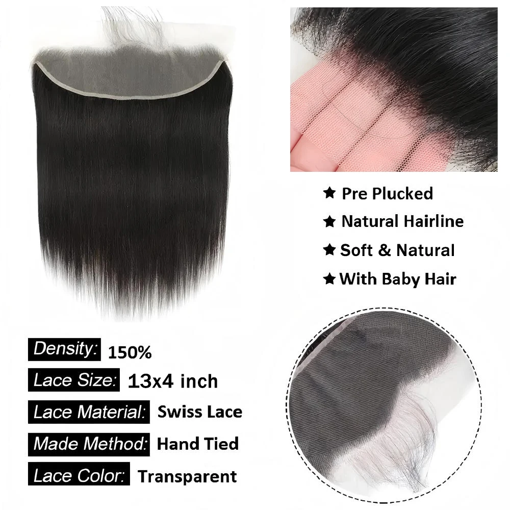 Straight 13x4 Lace Frontal Only 100% Human Hair Transparent Swiss Lace Brazilian Remy Hair Weave Pre-Plucked With Baby Hair