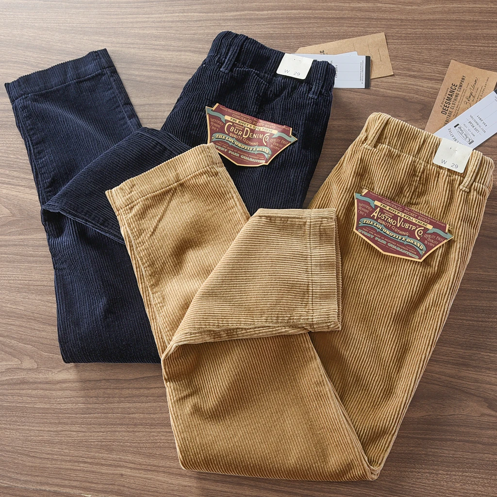 2024 Winter New American Retro Heavyweight Corduroy Casual Pants Men's Simple 100% Cotton Washed Drawstring Straight Trousers