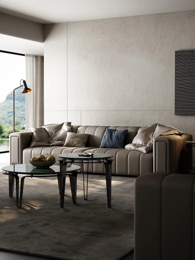 Italian minimalist villa living room full leather sofa