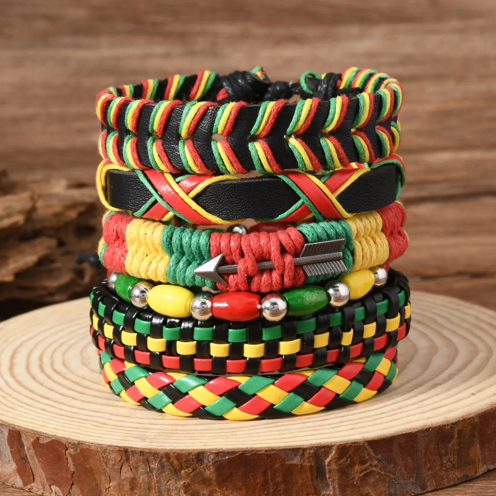 6 Pcs Rasta Reggae Bracelet Set for Men and Women, Red Yellow Green Black Braided Beaded Leather Wristbands, Arrow Charm Jewelry