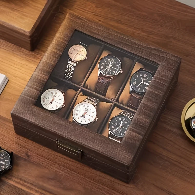 

High-end Watch Storage Box with Leather, Wood Grain Finish and Glass Skylight, Capable of Holding 6 Watches for Display