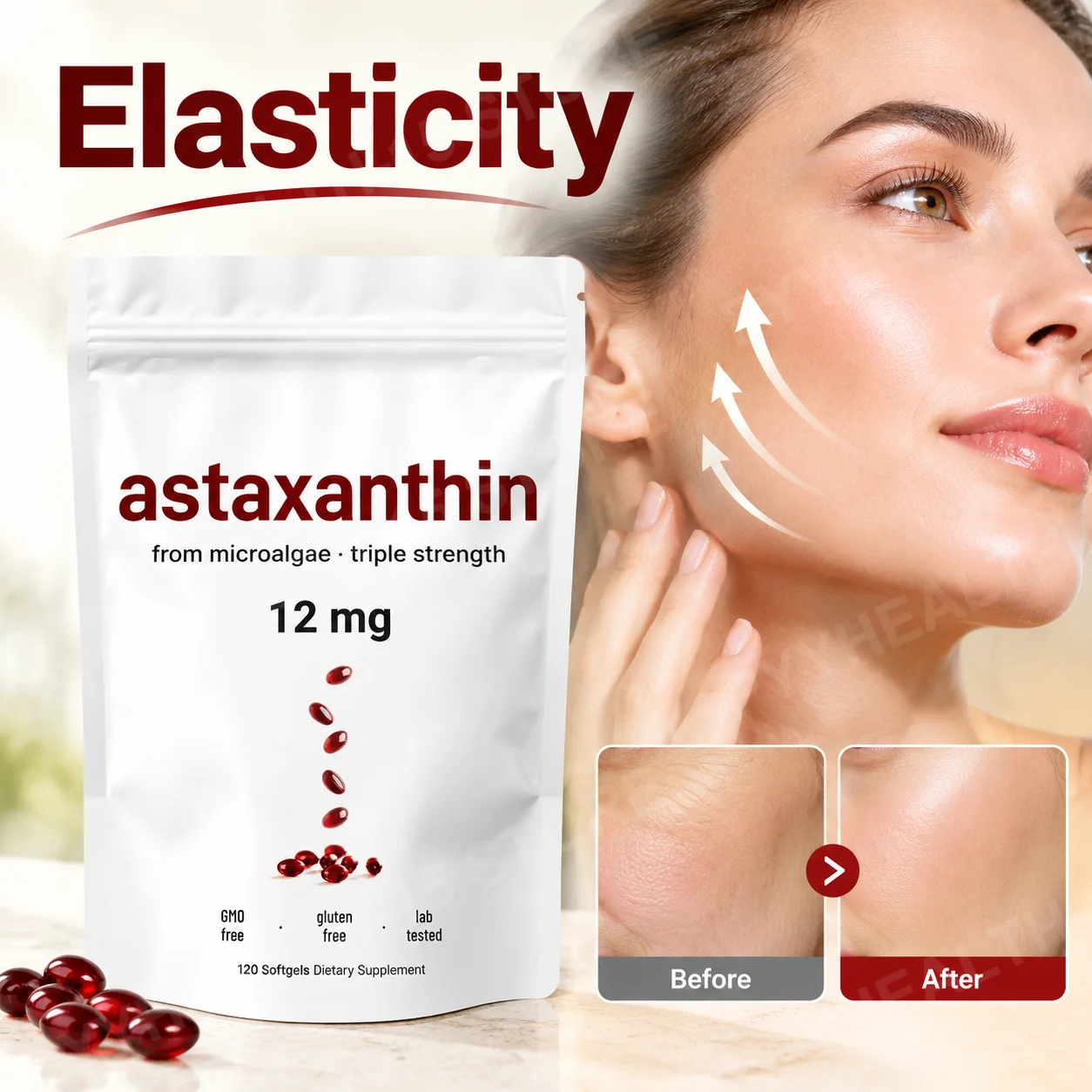 Astaxanthin Softgels for Skin Elasticity and Moisture with Haematococcus Pluvialis Microalgae Coconut MCT Oil 12mg 120 Softgels