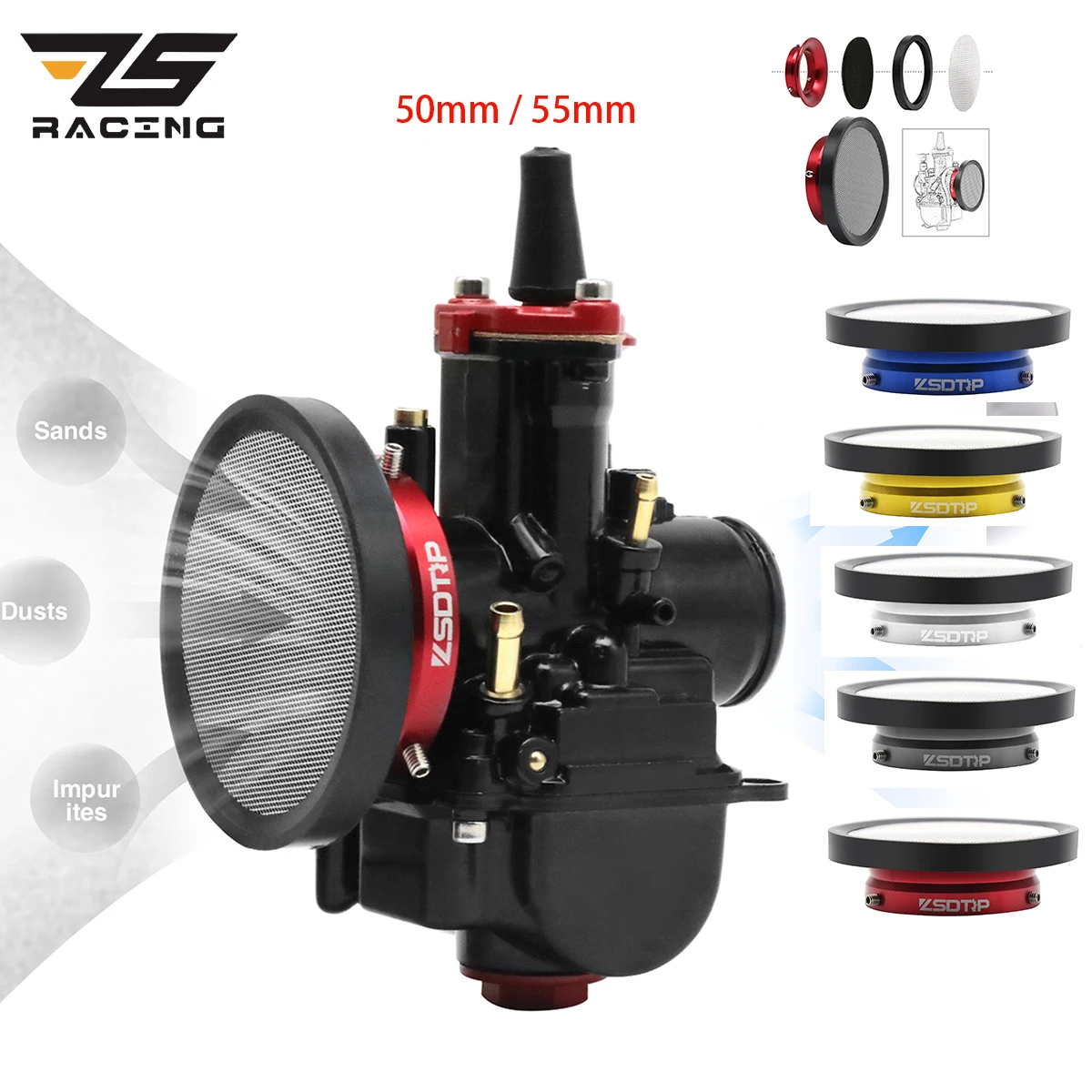 ZS Racing 50/55mm Air Filter Cup Velocity StacksVelocity Adjustable Carburetor Air Funnel Trumpet