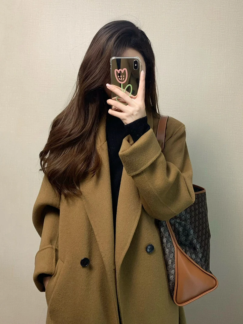 

Korean Style Khaki Woolen Coat Autumn Winter High End Sensation Super Beautiful Medium Length Thickened Camel Color Mermaid S...