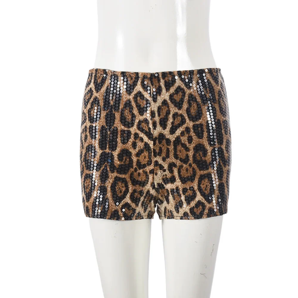 New Women Sequined Leopard Print Sexy High Waist Leggings Shorts Streetwear Elastic Club Party Night Beach Shorts