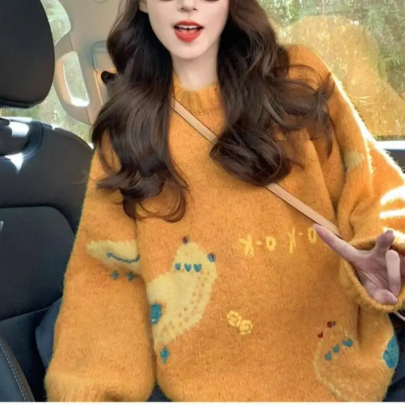 سترة نسائية محبوكة جديدة برقبة دائرية لخريف وشتاء 2025، سترة كورية راقية ناعمة وفضفاضة لطيفة #3