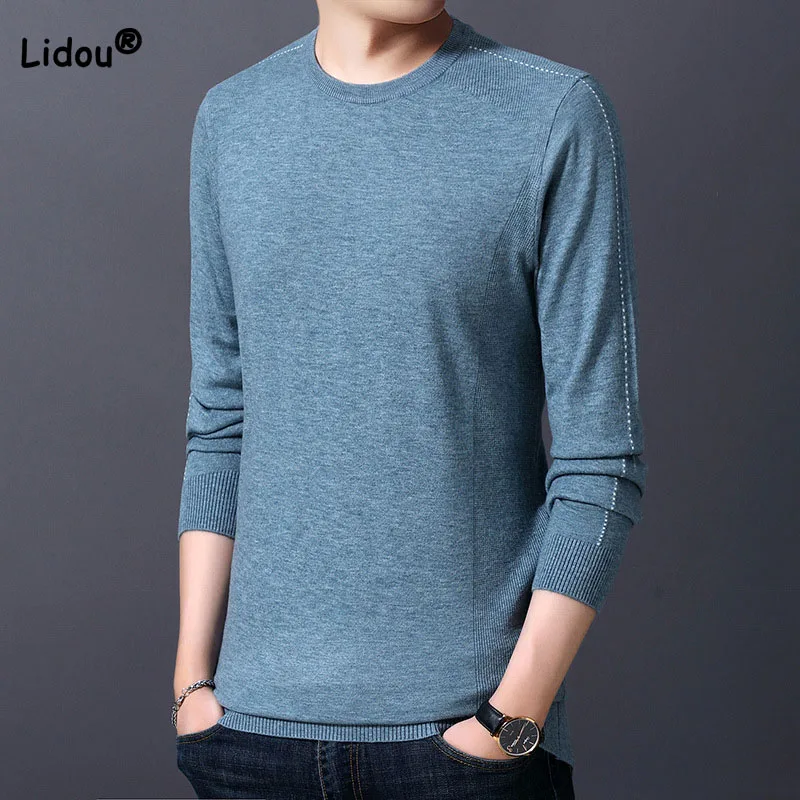 Fashion Men's Round Neck Trend Solid Color Sweaters Autumn Winter Male Clothes Casual All-match Long Sleeve Knitted Pullovers