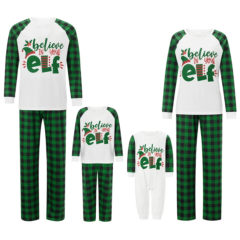 2025 New Christmas Family Matching Pajamas Baby Romper/Letter Print Long Sleeve Tops and Plaid Pants Sleepwear Set