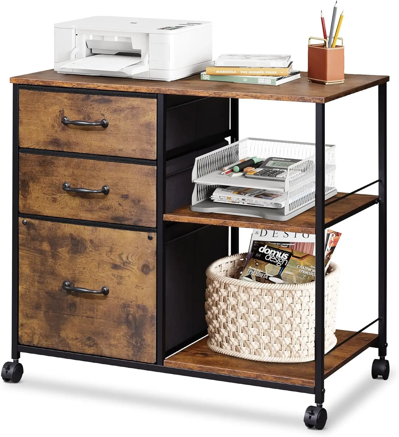 

3 Drawer Rolling File Cabinet with Open Shelf, Rustic Brown Wood Grain Print for Home Office
